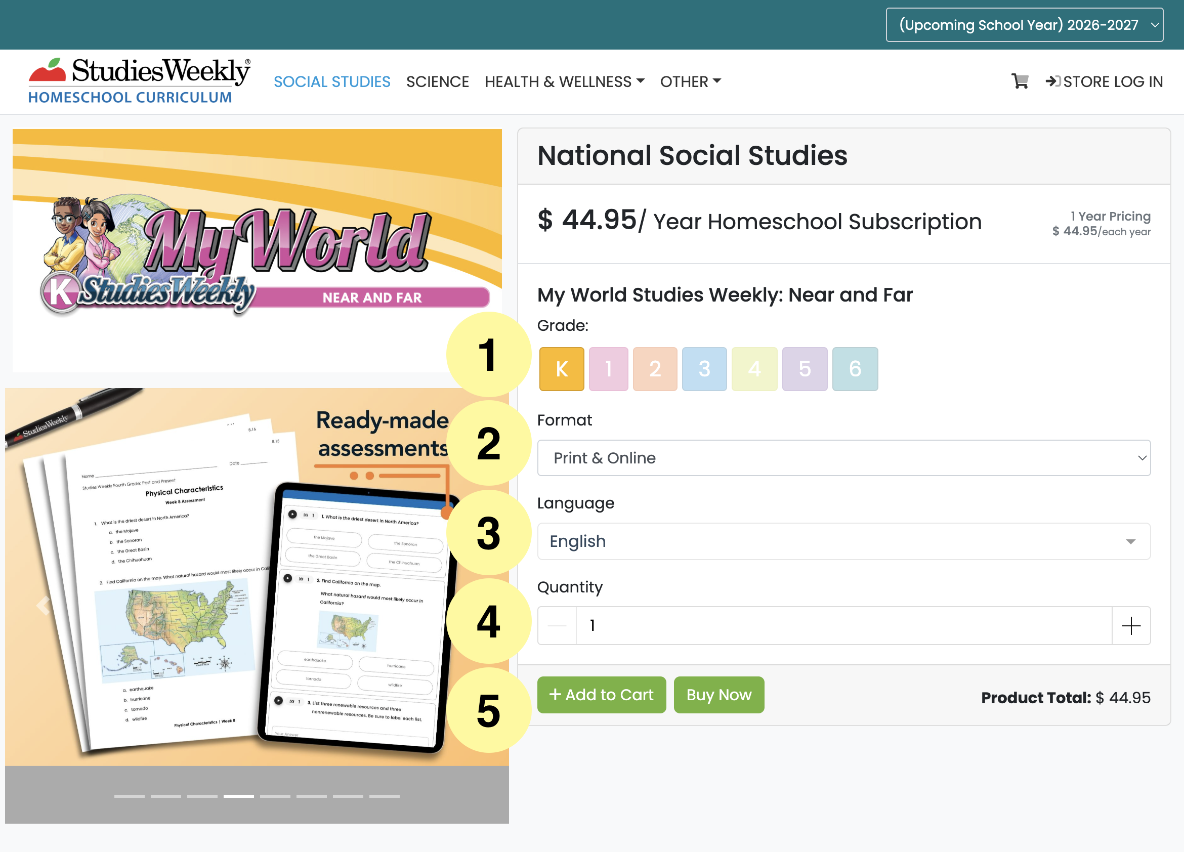 Store Instructions My World Studies Weekly promotional banner with two kids and a globe on a product page (Near and Far edition).