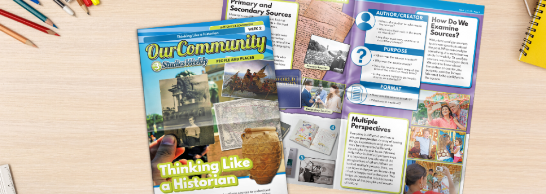 New Studies Weekly Social Studies Curriculum Studies Weekly Print publication on a desk